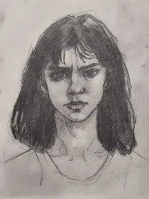 Graphite portrait sketch of a young woman, front view, with dark shoulder-length hair and bangs, a furrowed brow, and a serious expression. Strong shadowing around the eyes and cheeks with loose, sketchy clothing lines