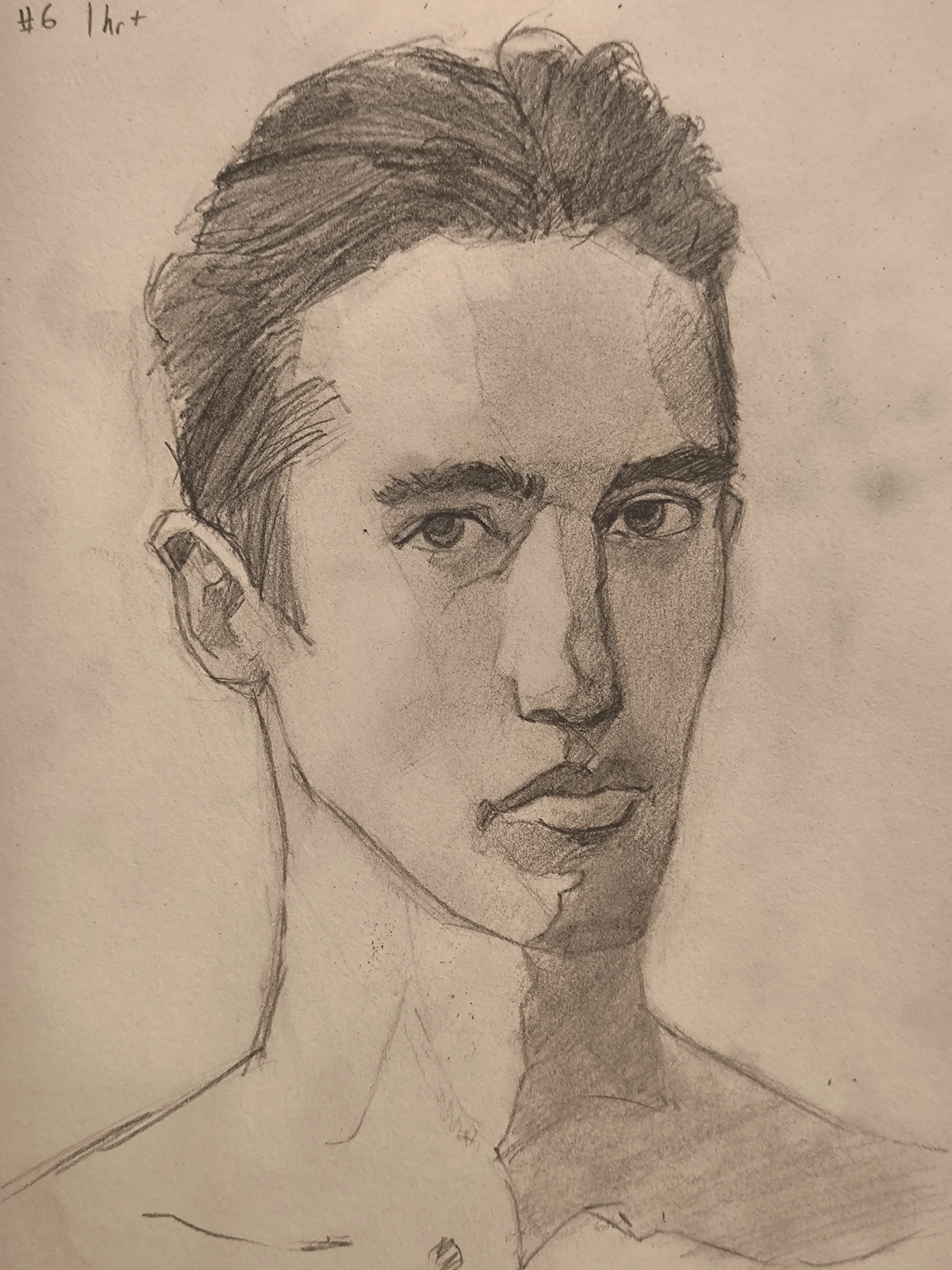 Graphite portrait sketch of a young man in three-quarter view, with slicked-back hair, strong nose and brow, and soft shading across the face and neck on textured paper.