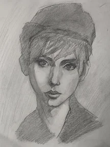 Graphite portrait sketch of a young woman facing forward, wearing a soft beret-like hat. Short hair falls over one eye, with big focused eyes and dark shading around the nose and lips. Strong light and shadow split the face, and a simple jacket collar is suggested.