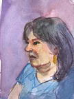 Watercolor portrait of a woman in side profile, looking to the left. She has dark hair with bangs, a blue shirt, and a yellow earring, with loose brush strokes on a purple background.