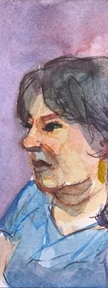 Watercolor portrait of a woman in side profile, looking to the left. She has dark hair with bangs, a blue shirt, and a yellow earring, with loose brush strokes on a purple background.