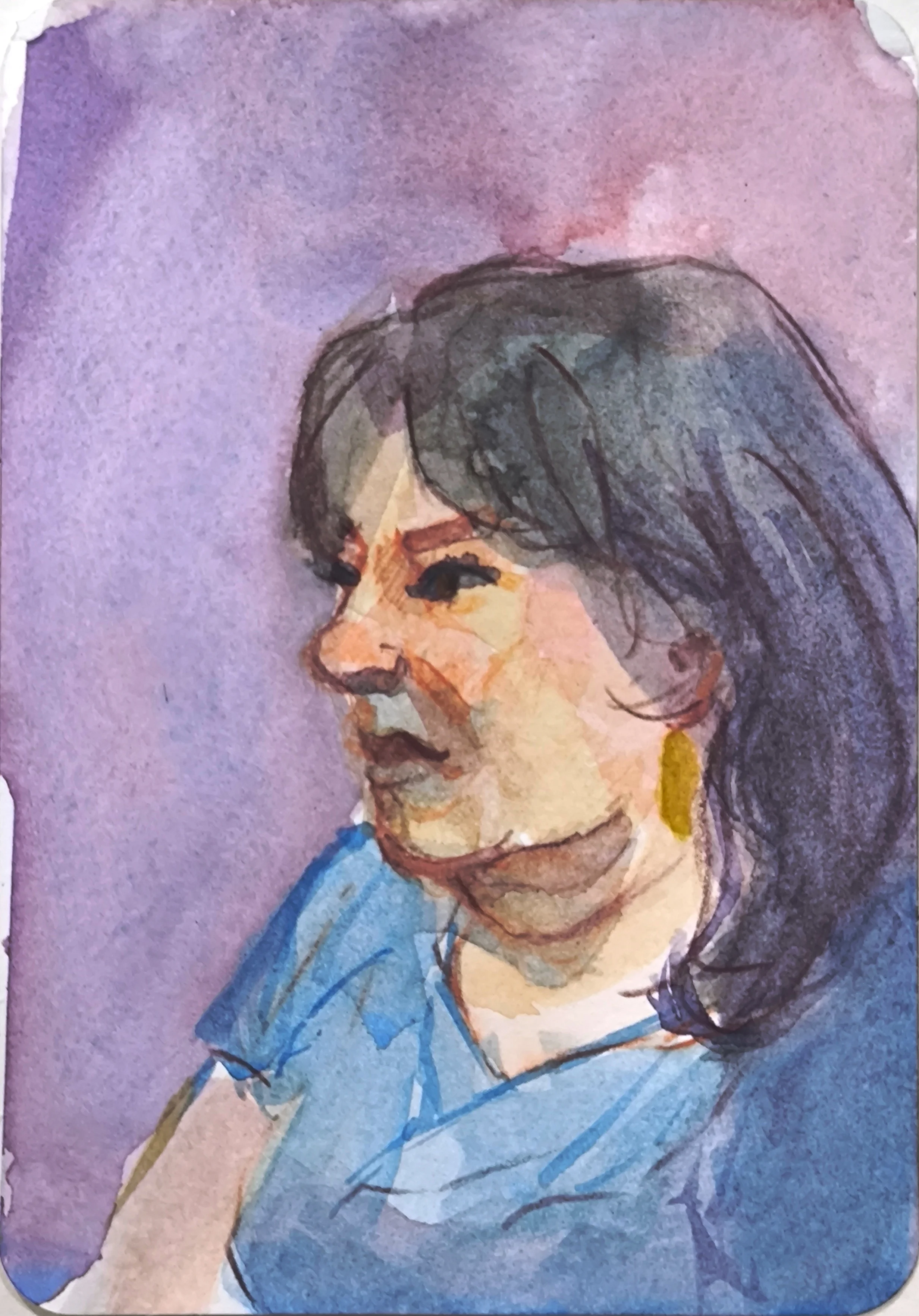 Watercolor portrait of a woman in side profile, looking to the left. She has dark hair with bangs, a blue shirt, and a yellow earring, with loose brush strokes on a purple background.