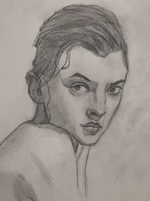 Pencil portrait sketch of a woman turning her head over her shoulder. Her hair is pulled back and the face has strong shading on the eyes, nose, and lips, with the shoulder left more loose and unfinished.