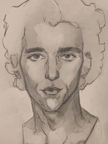 Graphite portrait sketch of a man facing forward, with big curly hair and thick eyebrows. Soft shading on the cheeks and neck, and a calm, serious expression. Loose sketch lines around the hair and shoulders.