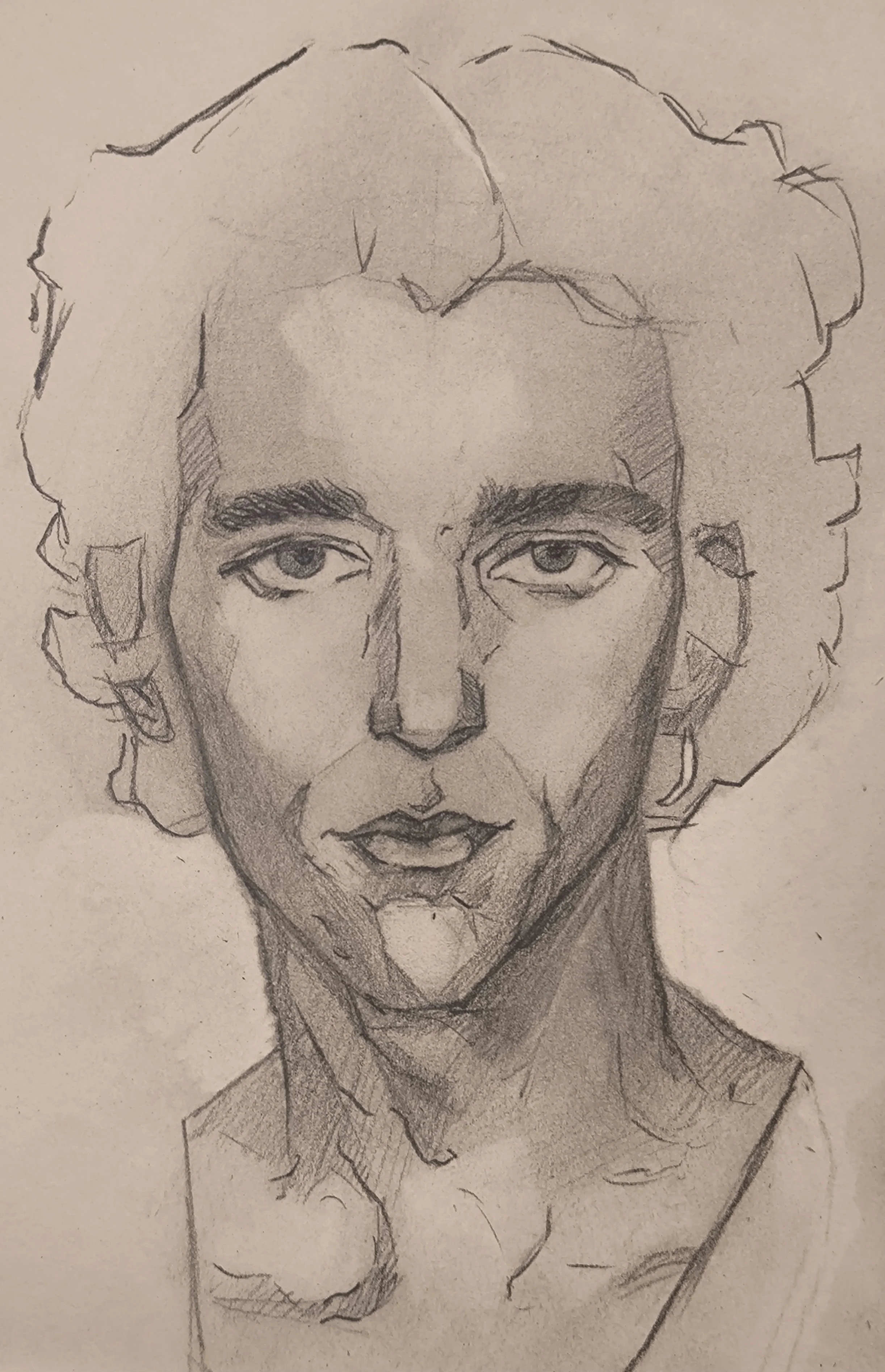 Graphite portrait sketch of a man facing forward, with big curly hair and thick eyebrows. Soft shading on the cheeks and neck, and a calm, serious expression. Loose sketch lines around the hair and shoulders.