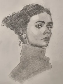 Graphite portrait sketch of a woman in three-quarter view, looking to the side with a calm, serious expression. Her dark hair is tied in a messy bun, and she wears a high collar coat with a button. Soft shading on the cheekbones and neck, with loose pencil strokes around the hair.