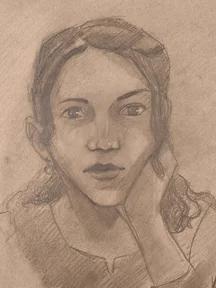 Graphite portrait sketch of a woman looking straight at the viewer. She has dark hair pulled back with some loose strands, and sunglasses resting on top of her head. One hand supports her cheek, and she wears a small earring and a simple shirt, with soft shading around the eyes and neck.