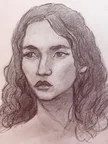 Pencil portrait drawing of a young woman with long wavy hair, looking slightly to the side. Soft shading defines the cheekbones, nose, and lips, with darker shadows under the chin and around the hair.