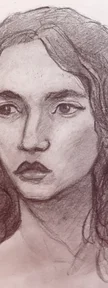 Pencil portrait drawing of a young woman with long wavy hair, looking slightly to the side. Soft shading defines the cheekbones, nose, and lips, with darker shadows under the chin and around the hair.