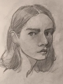Graphite portrait sketch of a young woman in 3/4 view, looking to the right. Her hair is parted in the middle and pulled back, with loose strands near the neck. Soft shading builds the cheek and nose, with a darker shadow covering the right side of her face and eye.