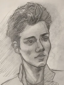 Graphite portrait sketch of a young man in three-quarter view, looking to the side. He has thick wavy hair, strong eyebrows, and soft shading on the cheek and neck, with a simple collared shirt and light hatching in the background.