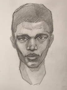 Graphite portrait sketch of a man facing forward. Short dark hair, tired eyes, and strong shadow shapes around the nose and cheekbones. Neck is loosely indicated with light lines.