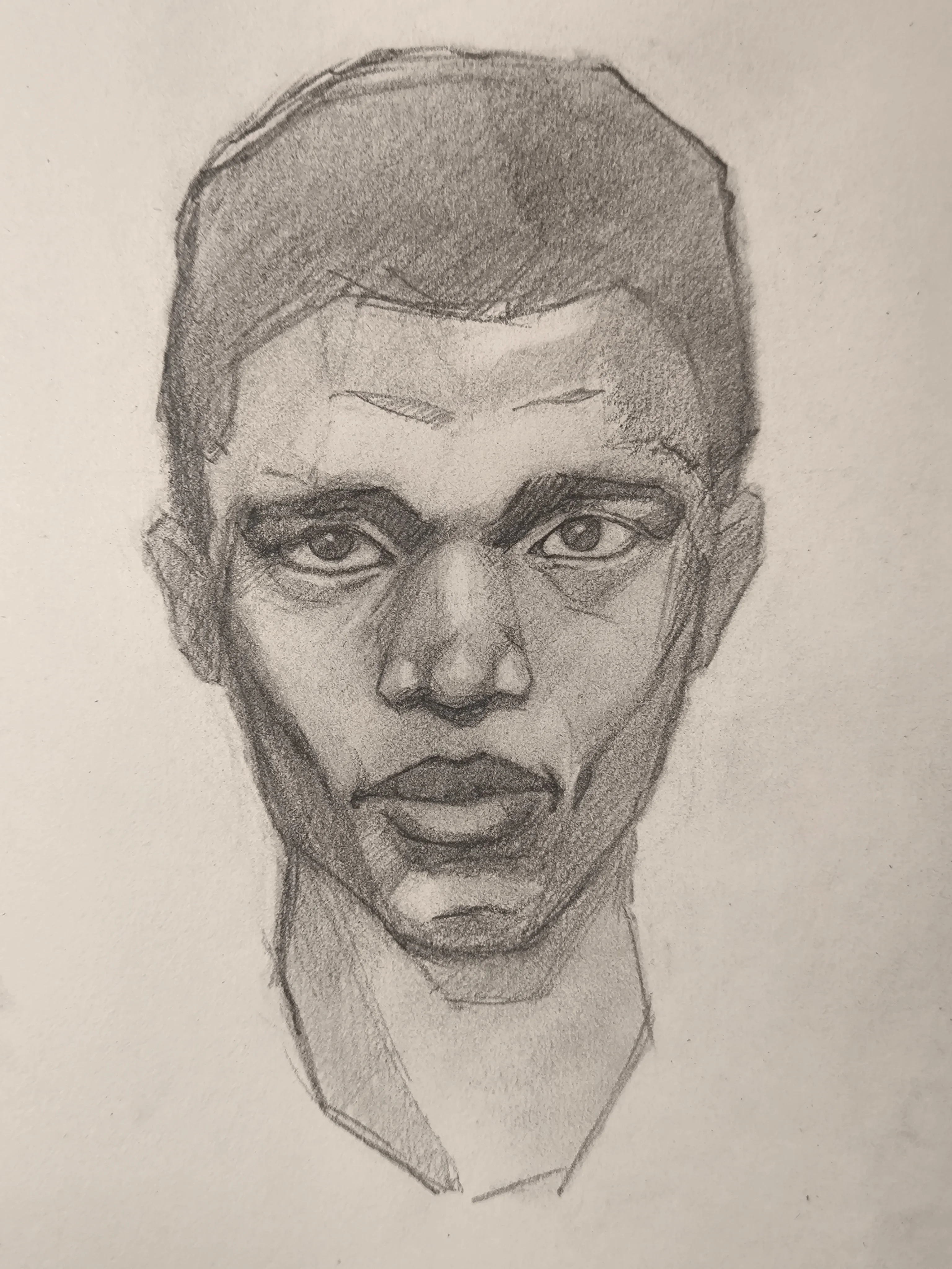 Graphite portrait sketch of a man facing forward. Short dark hair, tired eyes, and strong shadow shapes around the nose and cheekbones. Neck is loosely indicated with light lines.