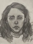 Portrait sketch of a woman with wavy, curly hair framing her face. She looks straight ahead with a calm, tired expression, with deep shading around the eyes, nose, and lips. Drawn in dark sanguine pencil on toned paper.