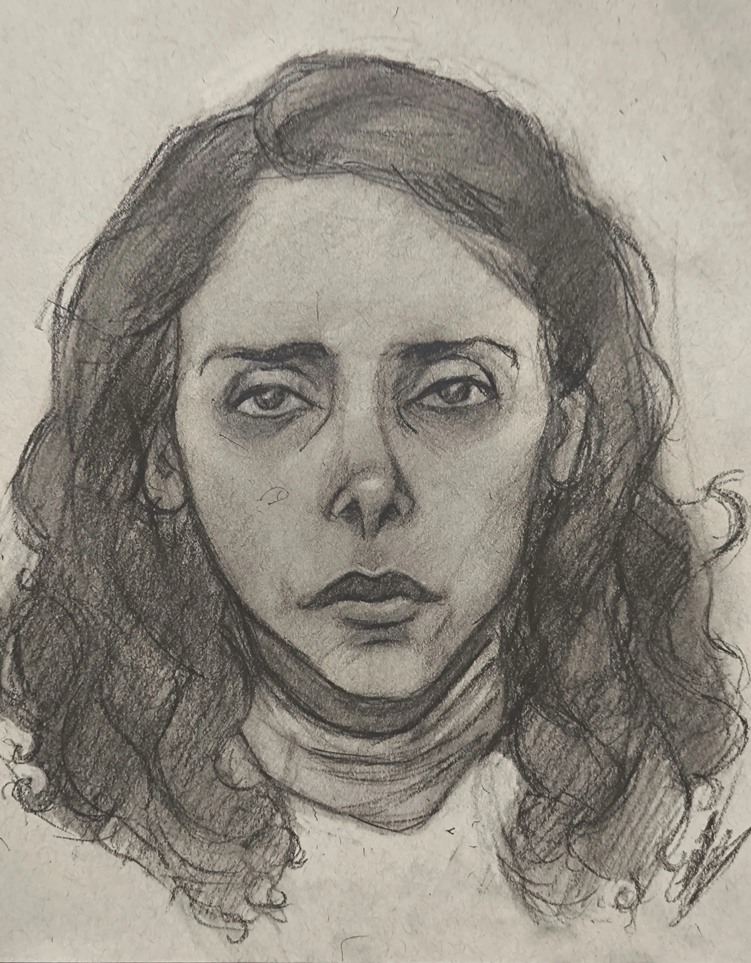 Portrait sketch of a woman with wavy, curly hair framing her face. She looks straight ahead with a calm, tired expression, with deep shading around the eyes, nose, and lips. Drawn in dark sanguine pencil on toned paper.