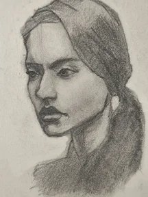 Graphite portrait sketch of a young woman in three-quarter view, looking to the left. Her hair is parted and tied back in a low ponytail, with soft shading on the face, neck, and shoulder.