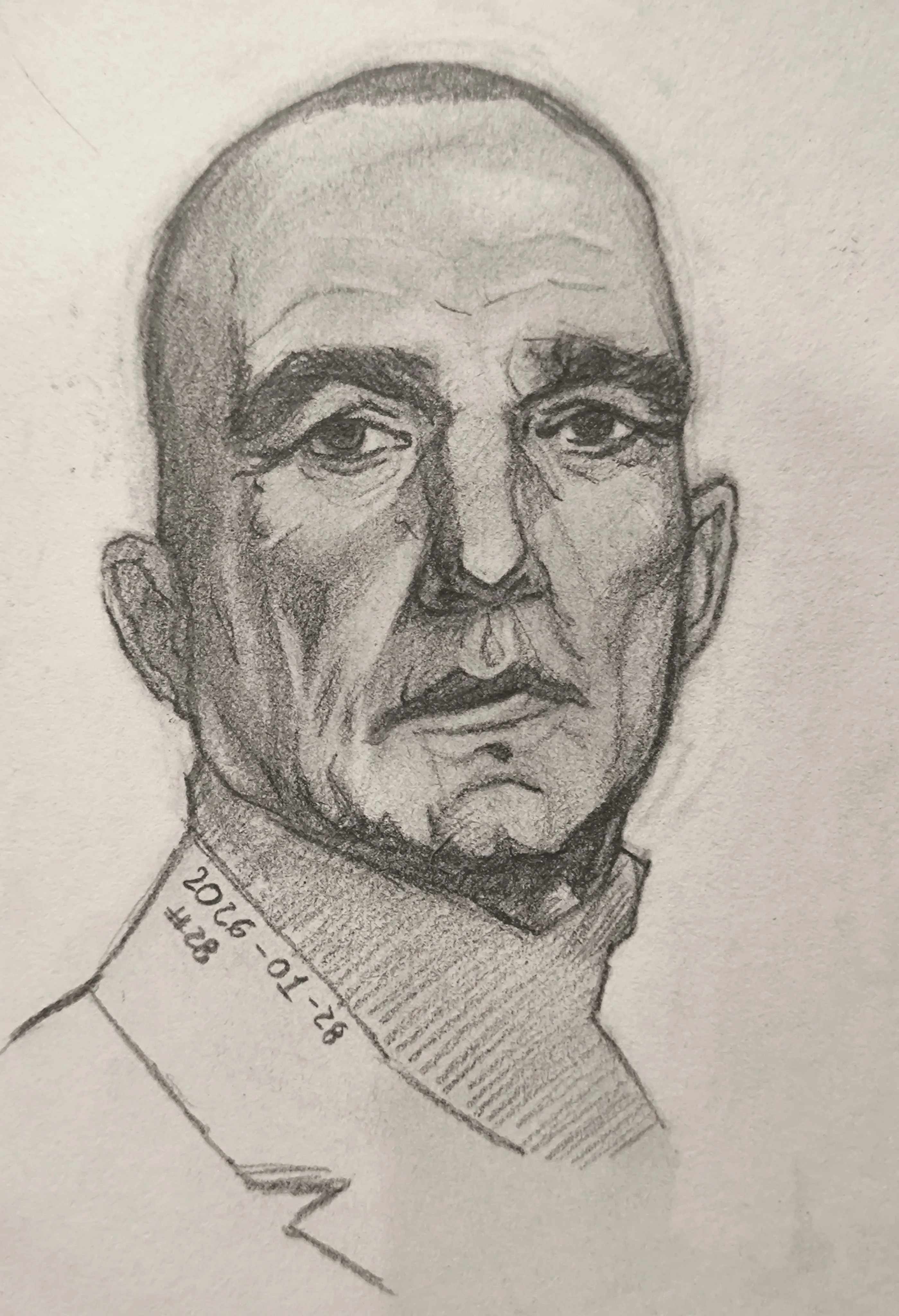 Graphite portrait sketch of a bald man with a serious, tired expression, looking slightly to the side. Strong shadows define the cheekbones, nose, and jaw, with a dark turtleneck and a jacket collar.