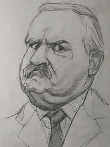 Graphite sketch portrait of a man with a thick mustache, looking sideways with intense eyes. He wears a suit jacket, patterned shirt, and dark tie, with loose construction lines and shading around the jaw and cheeks.