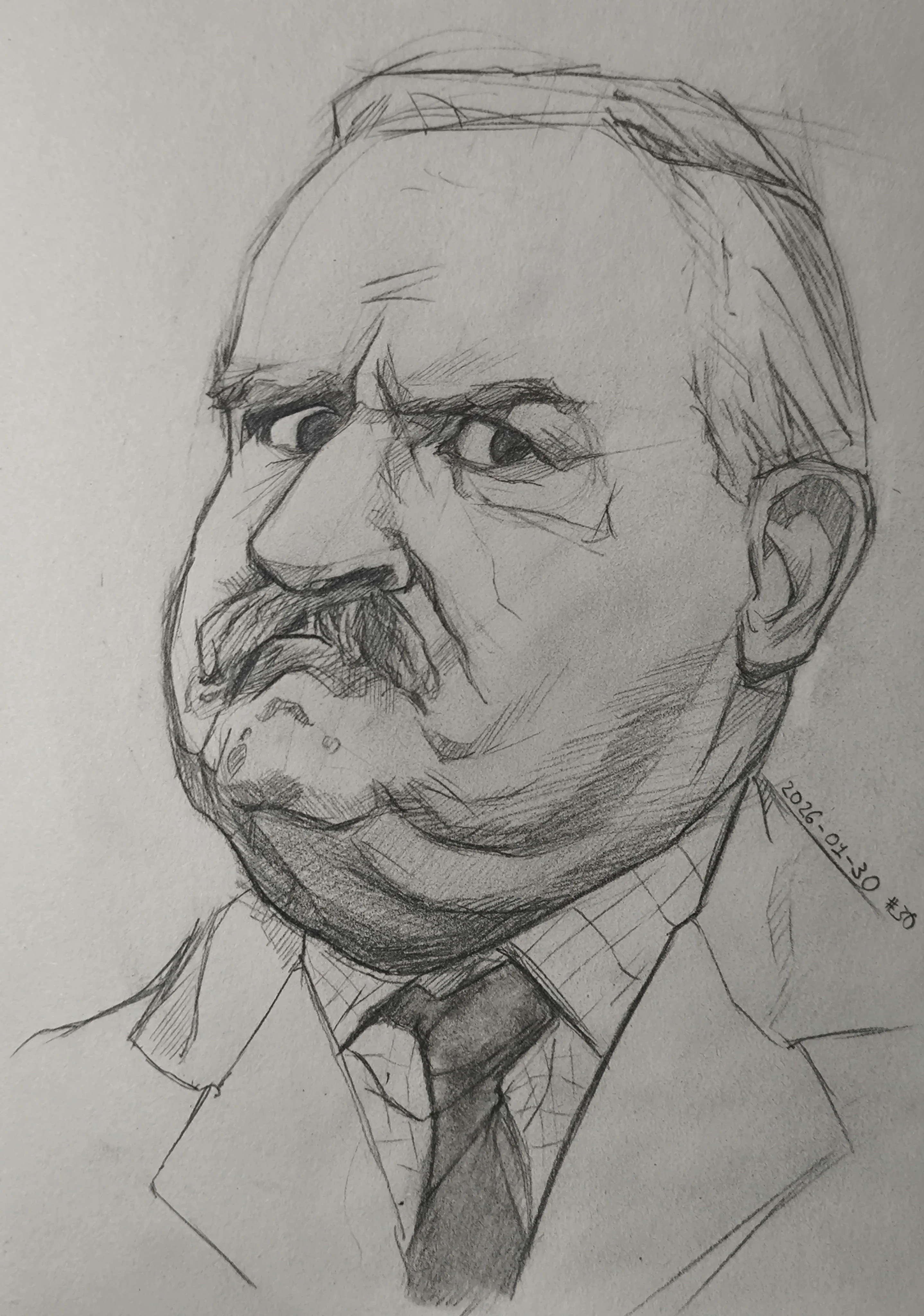 Graphite sketch portrait of a man with a thick mustache, looking sideways with intense eyes. He wears a suit jacket, patterned shirt, and dark tie, with loose construction lines and shading around the jaw and cheeks.