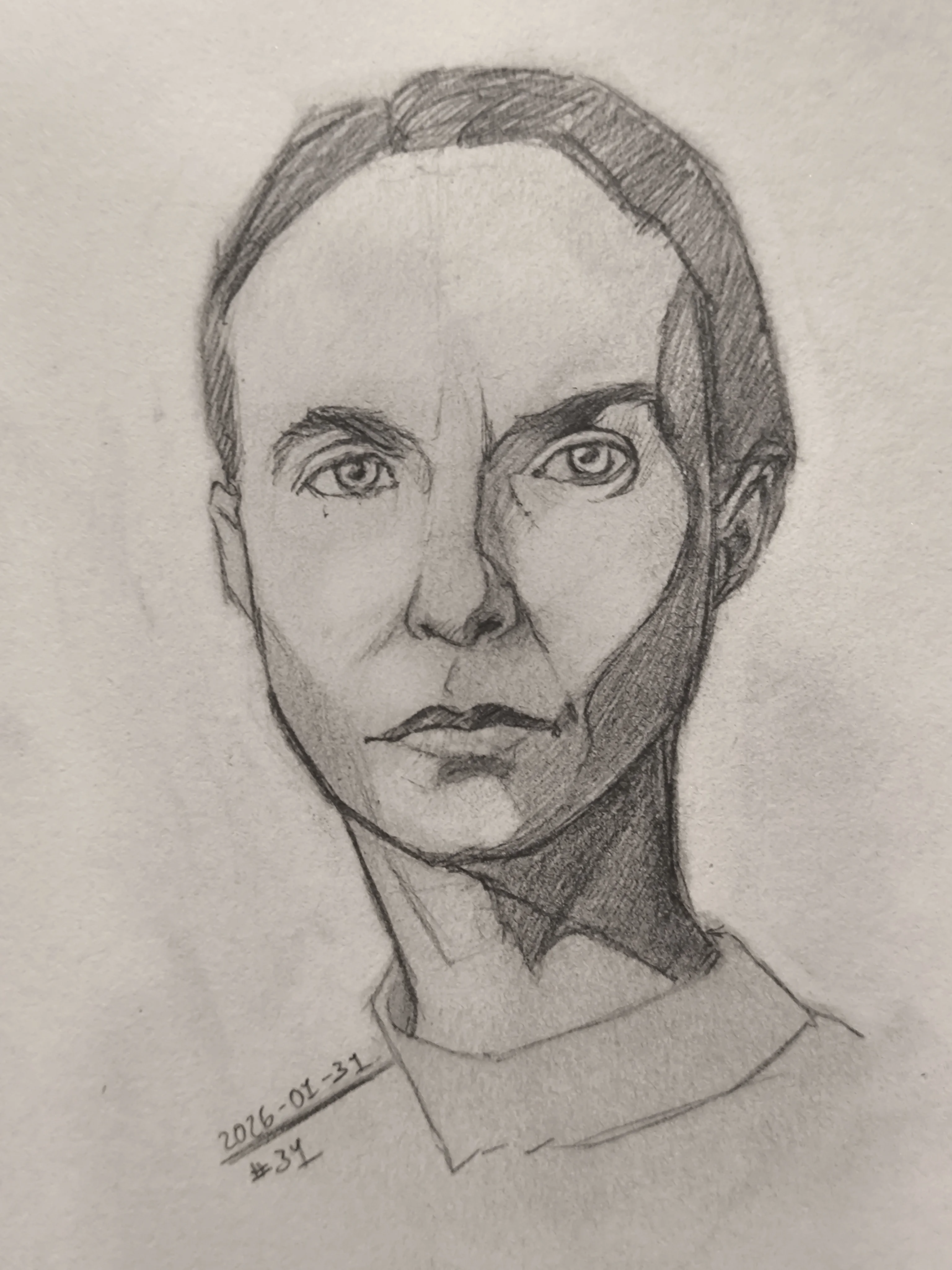 Graphite pencil portrait sketch of a woman facing forward, with hair pulled back and a strong shadow covering the right side of the face and neck.