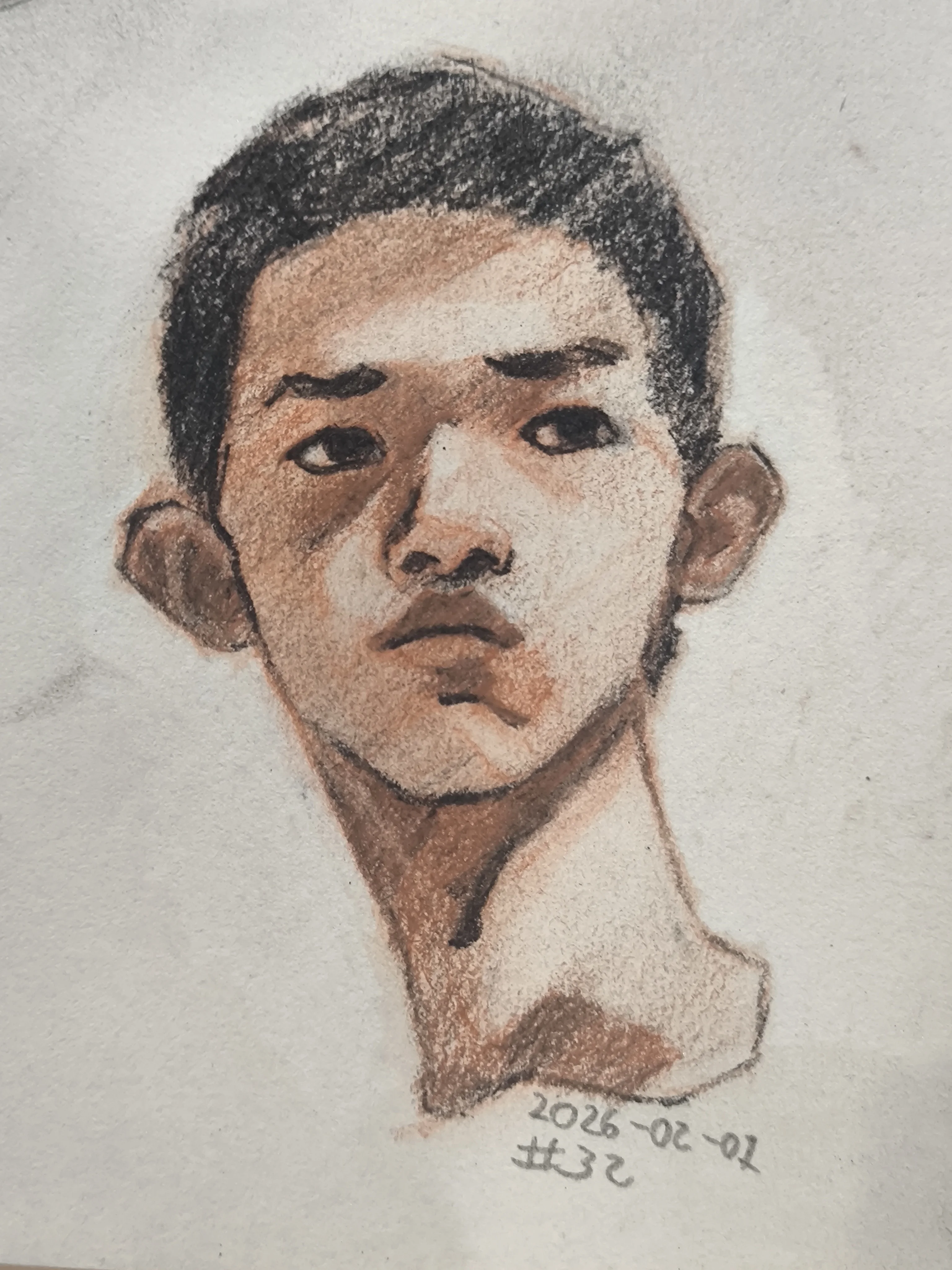 Portrait sketch of a young man head and neck, looking to the side. Warm sanguine shading on the face with charcoal hair and darker shadows.