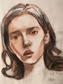 A loose portrait drawing of a young woman in three-quarter view, with wavy dark hair and a calm, slightly tired expression. Warm reddish shading and dark charcoal lines shape the face.