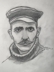 Graphite portrait drawing of a man looking straight at you, wearing a wide cap and a thick turtleneck. He has big dark eyes, a long nose, and a curled mustache, with soft shading around the cheeks and hat.