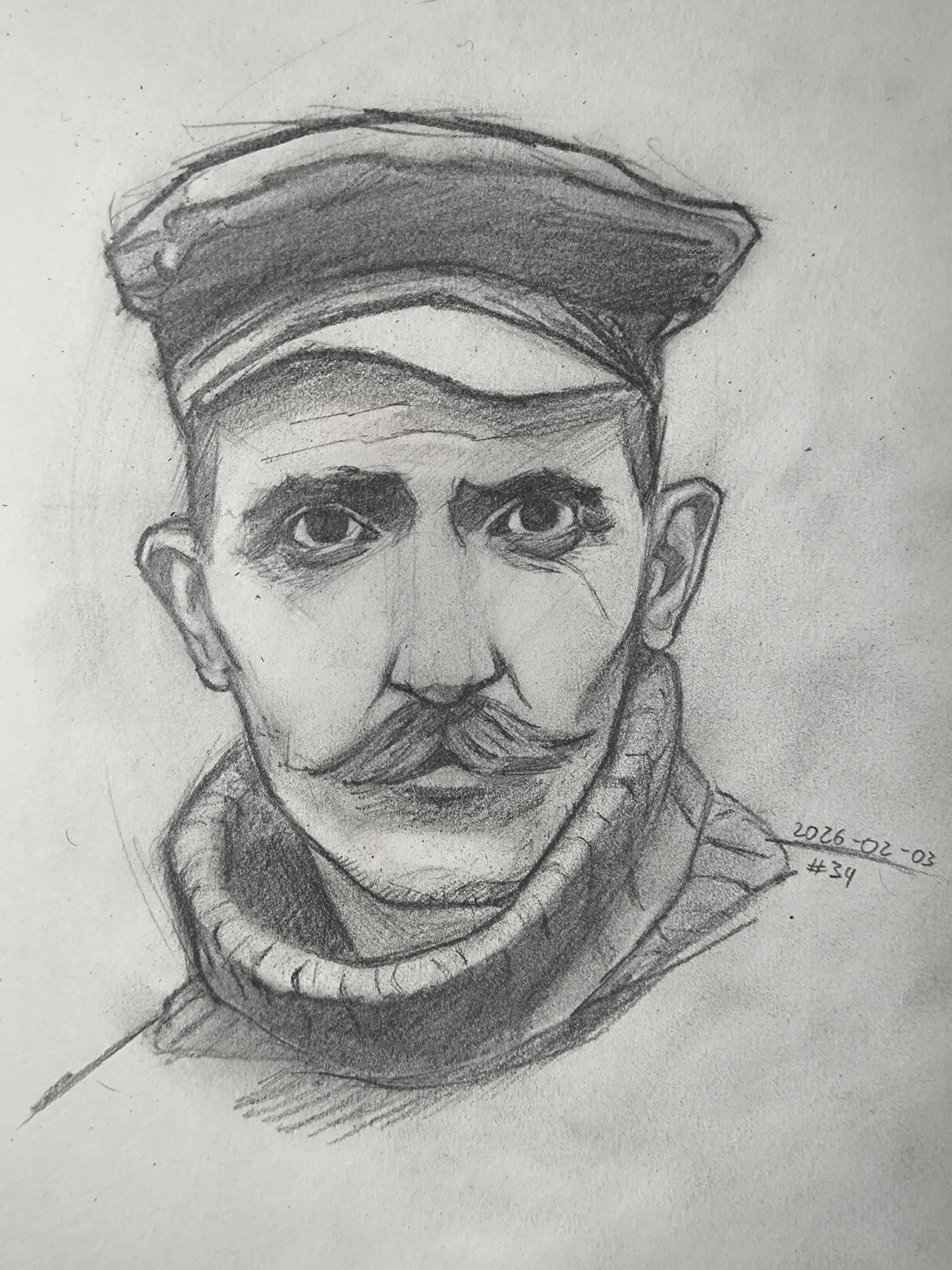 Graphite portrait drawing of a man looking straight at you, wearing a wide cap and a thick turtleneck. He has big dark eyes, a long nose, and a curled mustache, with soft shading around the cheeks and hat.