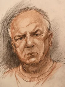 Sanguine portrait of an older man with a furrowed brow and serious look. Warm reddish-brown shading on the face with charcoal around the hair and background.