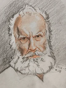 Small portrait sketch of an older bald man with intense eyes and a big white beard. Warm brown tones model the face, with charcoal shading around the head and background.