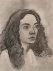 Graphite portrait sketch of a woman with long curly hair, shown from the shoulders up. She is looking to the left, with soft shading on the cheek and a darker mass for the hair.
