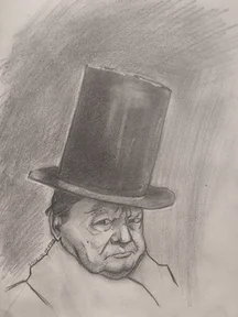 Graphite drawing of an older man wearing a tall top hat. His face looks tired and serious, with deep wrinkles and heavy shadows. The background is softly shaded in gray.