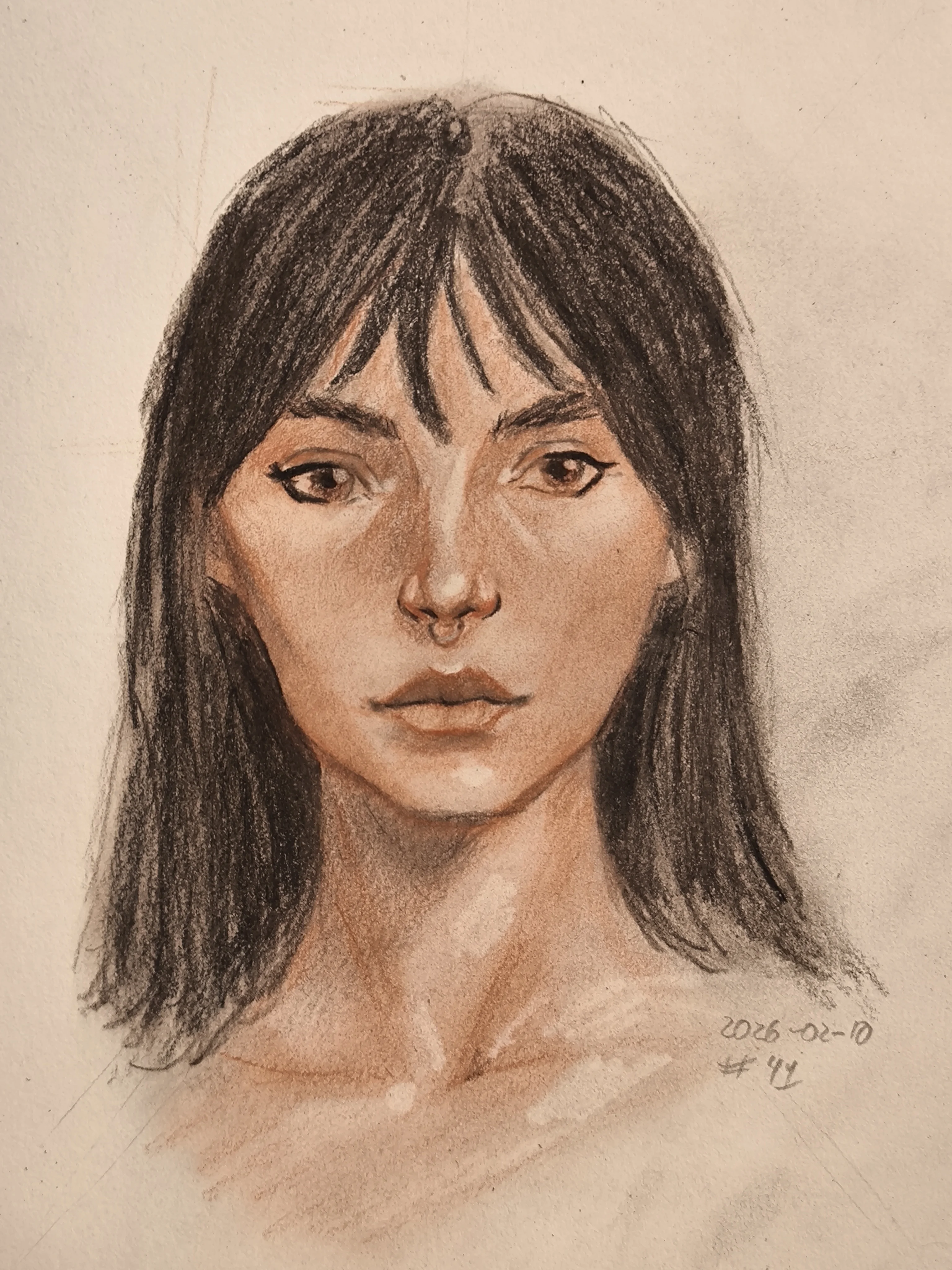 Hand drawn portrait of a young woman with dark straight hair and short bangs. Warm brown shading on the face and neck, with dark sketchy lines for the hair, on light toned paper. She looks slightly to the side and has a calm, serious expression.