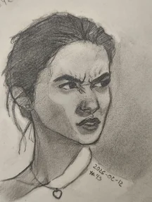 Graphite portrait sketch of a young woman in 3/4 view, looking to the side with a strong frown and furrowed eyebrows. Hair is pulled back, with loose strands near the ear. Soft shading on the cheek and neck, and she wears a choker with a small heart pendant.