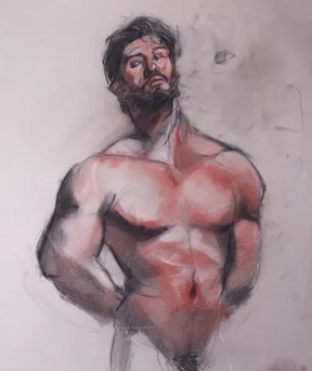 Loose sketch painting of a muscular man with beard, bare chest, looking up to the side. Soft red tones on skin and rough charcoal lines.
