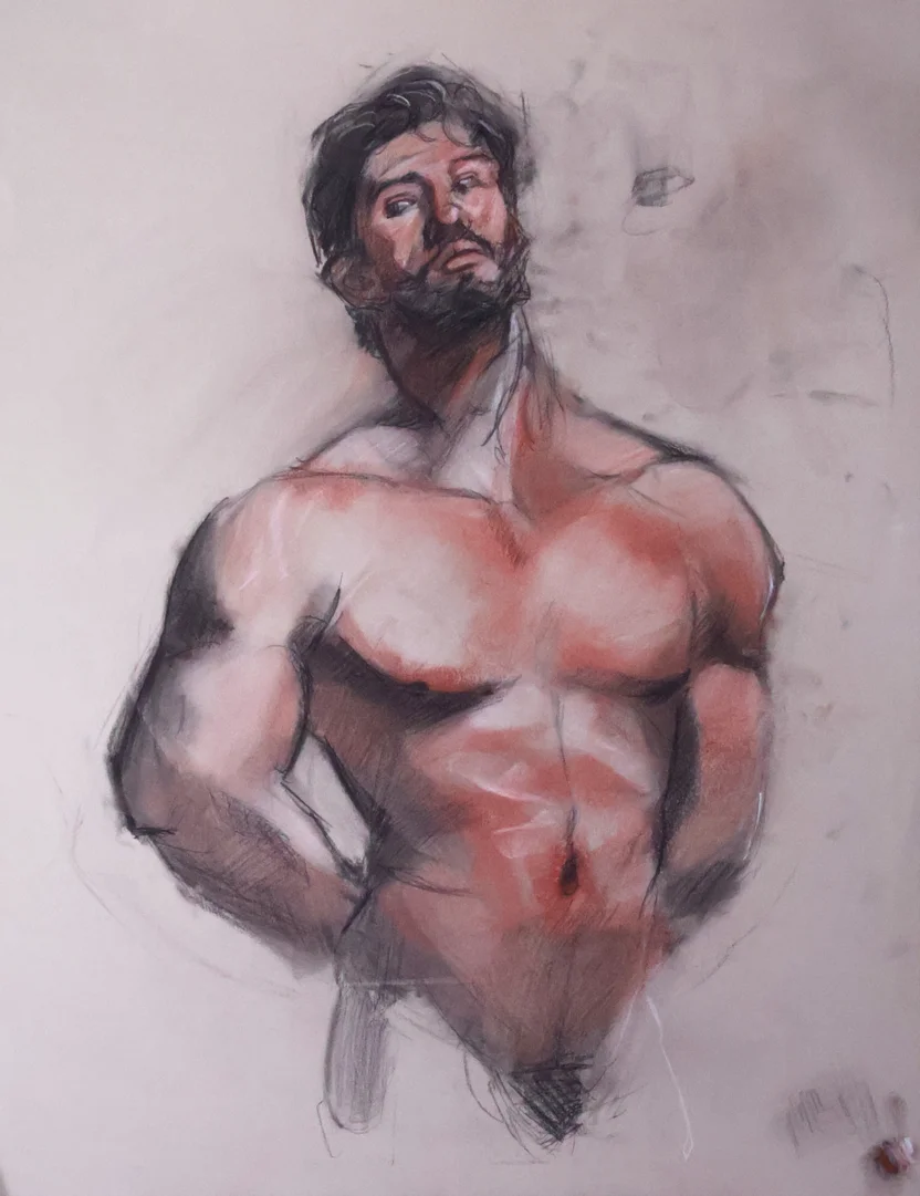 Loose sketch painting of a muscular man with beard, bare chest, looking up to the side. Soft red tones on skin and rough charcoal lines.