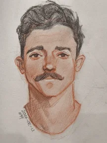 Sanguine portrait of a man with curly dark hair and a thick mustache, looking straight at the viewer. Warm reddish shading on the cheeks, nose, and neck, with dark sepia on the hair and mustache.