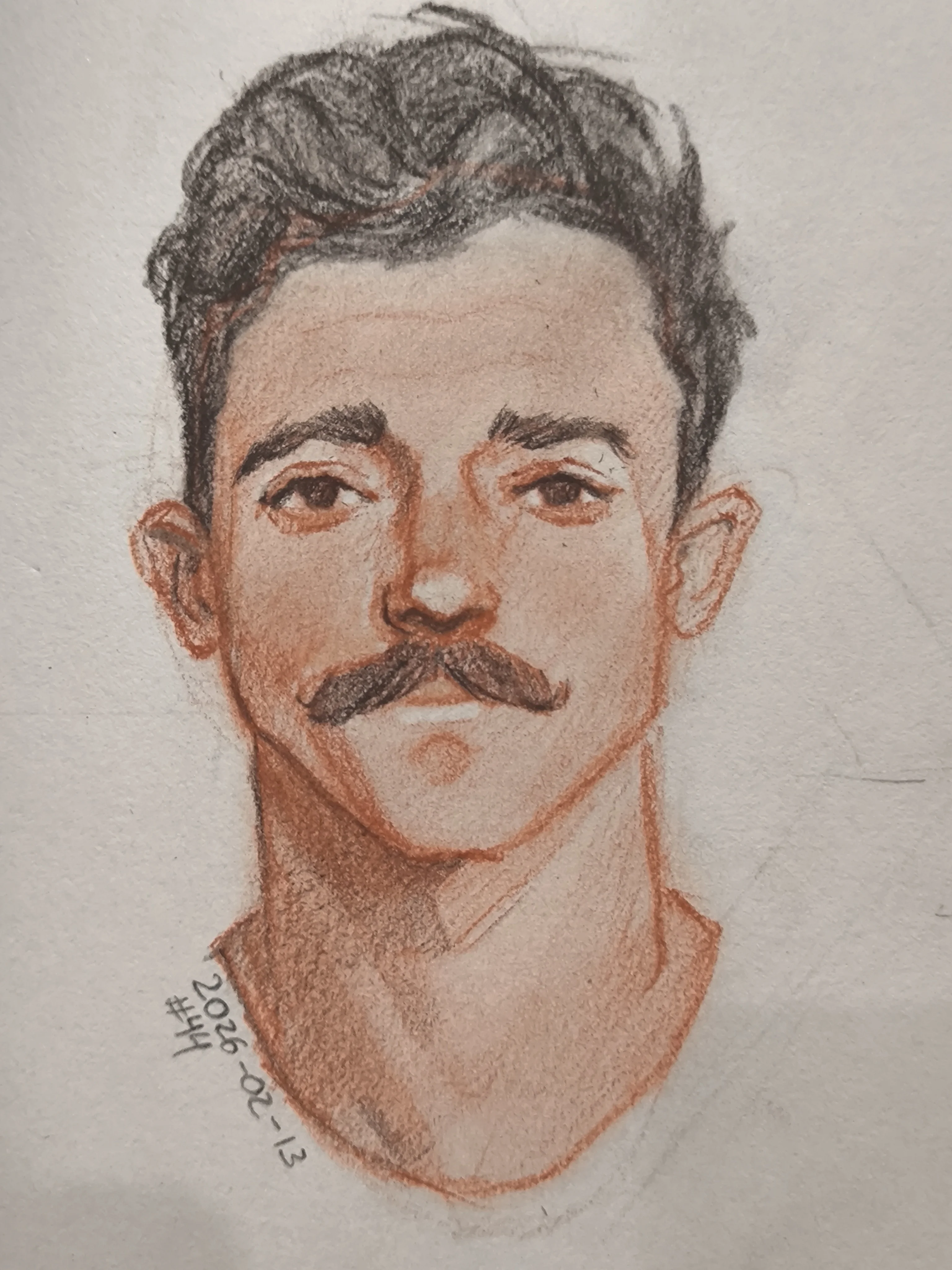 Sanguine portrait of a man with curly dark hair and a thick mustache, looking straight at the viewer. Warm reddish shading on the cheeks, nose, and neck, with dark sepia on the hair and mustache.