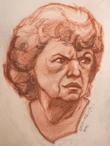 Sanguine portrait sketch of an older woman with curly hair, looking to the side with a stern expression. Loose shading on the hair and neck.