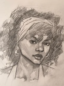 Graphite portrait of a young woman with a headscarf and hoop earrings. She looks slightly to the side with a calm, serious expression. Soft shading on the face and neck. The hair is shown as a big dark mass made with crosshatching strokes around the head.