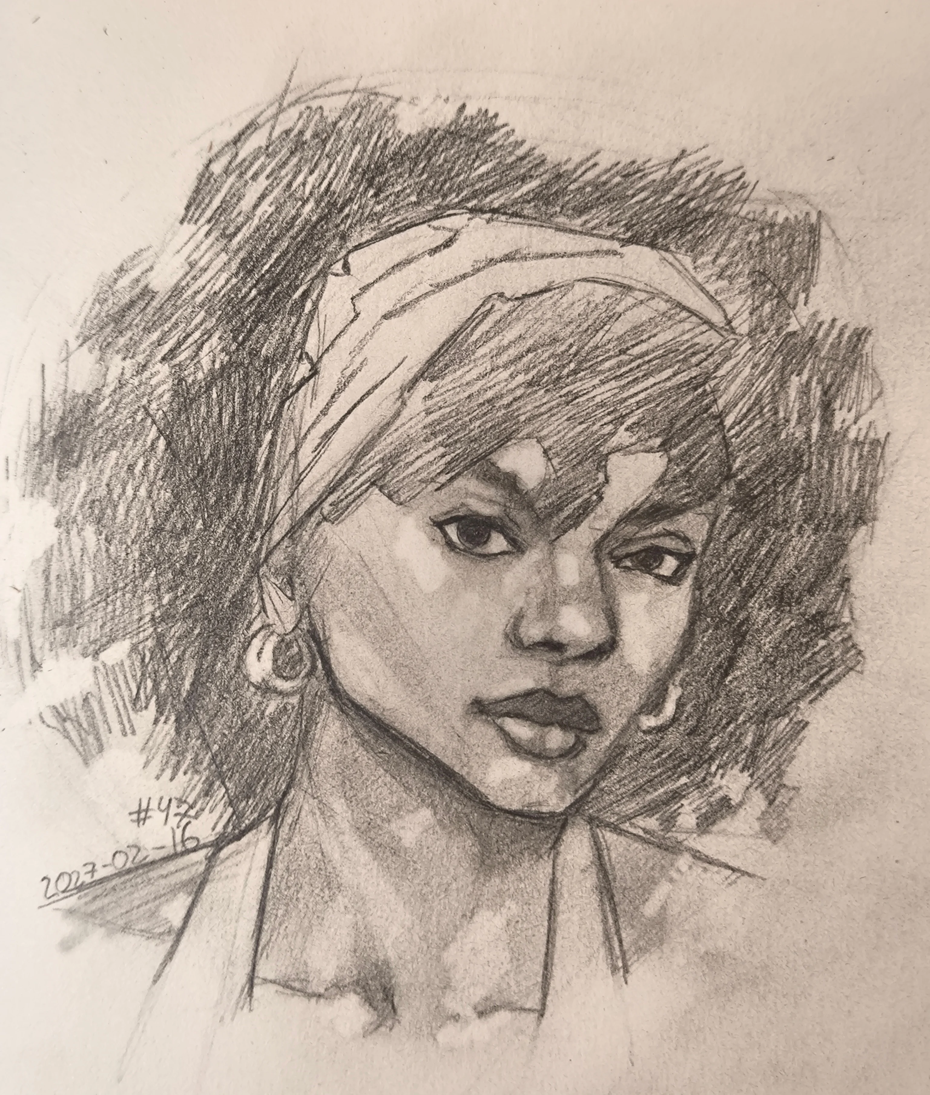 Graphite portrait of a young woman with a headscarf and hoop earrings. She looks slightly to the side with a calm, serious expression. Soft shading on the face and neck. The hair is shown as a big dark mass made with crosshatching strokes around the head.