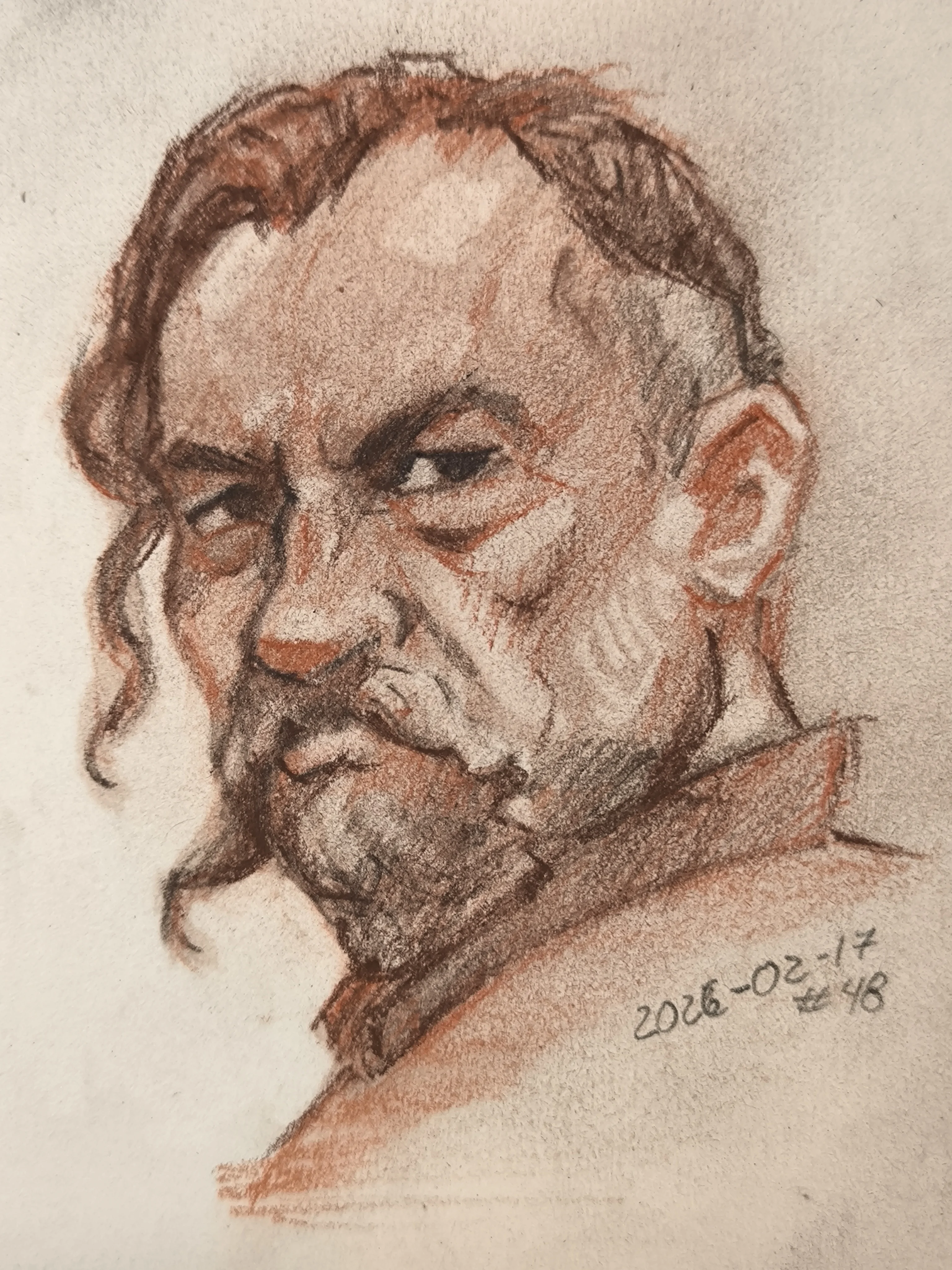 Rough portrait sketch of an older man in 3/4 view, looking over his shoulder with a serious expression. Done with dark graphite and warm reddish-brown strokes, showing strong cheekbones, wrinkles, and a short beard.