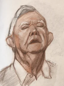 Portrait sketch of an older man, seen from a low angle with his head tilted back and eyes closed. Strong shadows under the nose and chin, loose edges around the hair and shirt collar.
