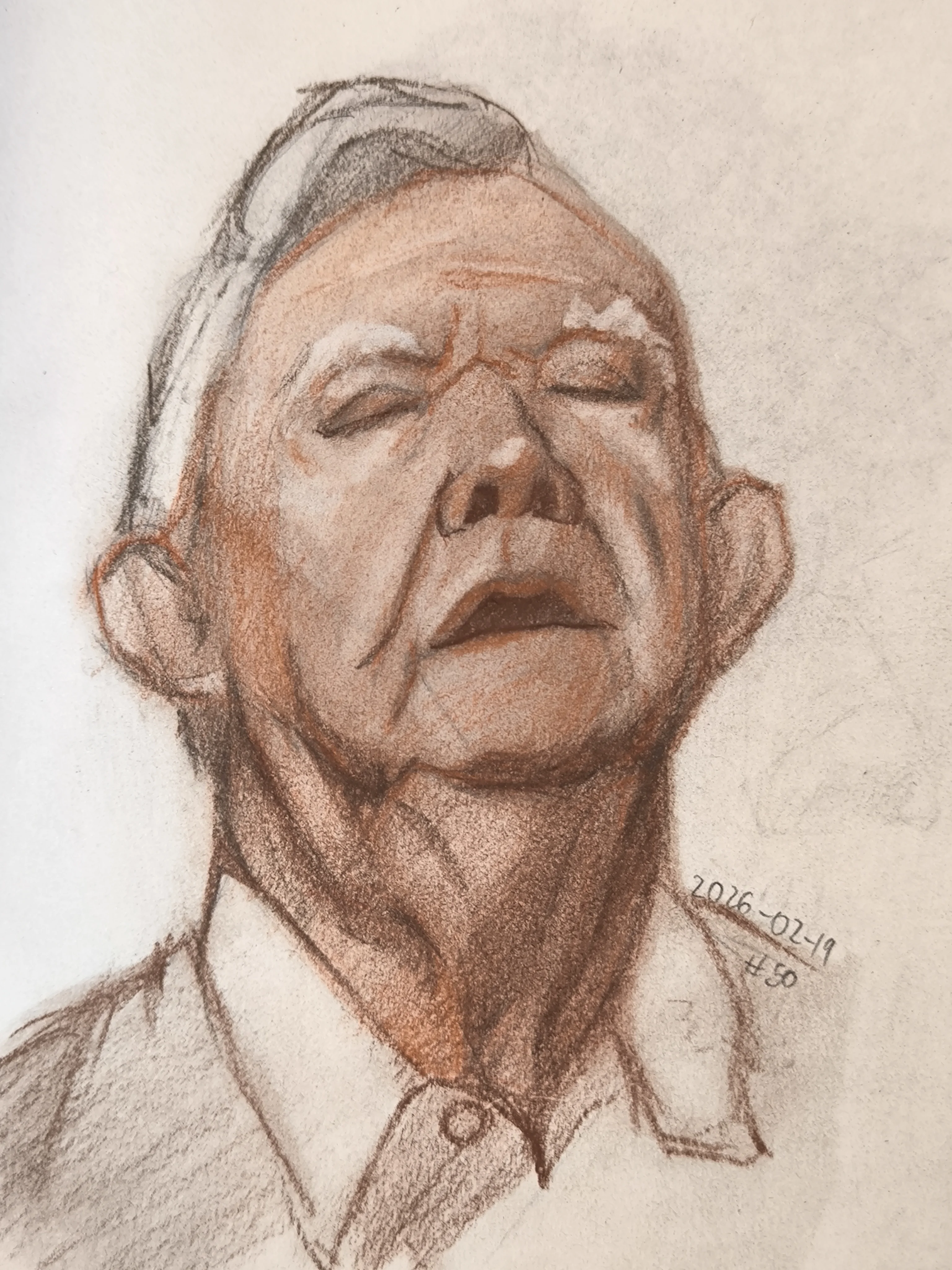 Portrait sketch of an older man, seen from a low angle with his head tilted back and eyes closed. Strong shadows under the nose and chin, loose edges around the hair and shirt collar.