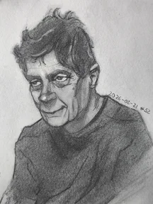 Graphite portrait sketch of a man with messy dark hair, heavy shaded eye sockets, and a slight smirk. He is turned a bit to the side, wearing a dark sweater, with soft smudged shading.