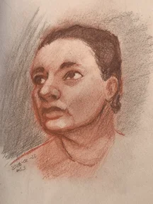 Sanguine portrait sketch of a person looking up to the left. Soft shading on the cheeks and neck, dark hair pulled back, with a loose sepia background.