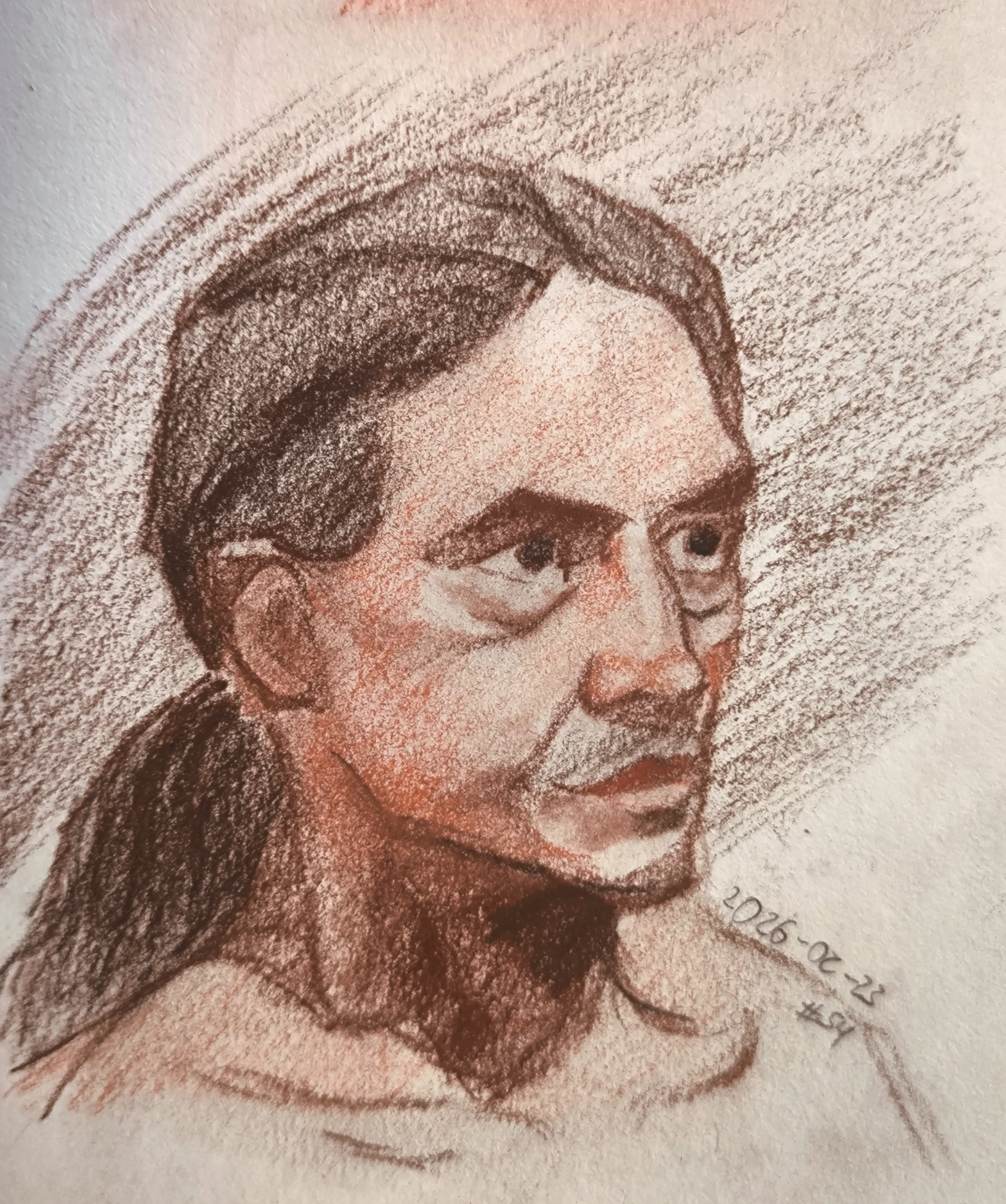 Sepia and sanguine portrait of a man in 3/4 view, looking to the right. Dark hair pulled back in a low ponytail, strong shadows under the eyes and jaw.