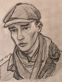Portrait sketch of a man wearing a flat cap and scarf, looking slightly down with calm serious expression.