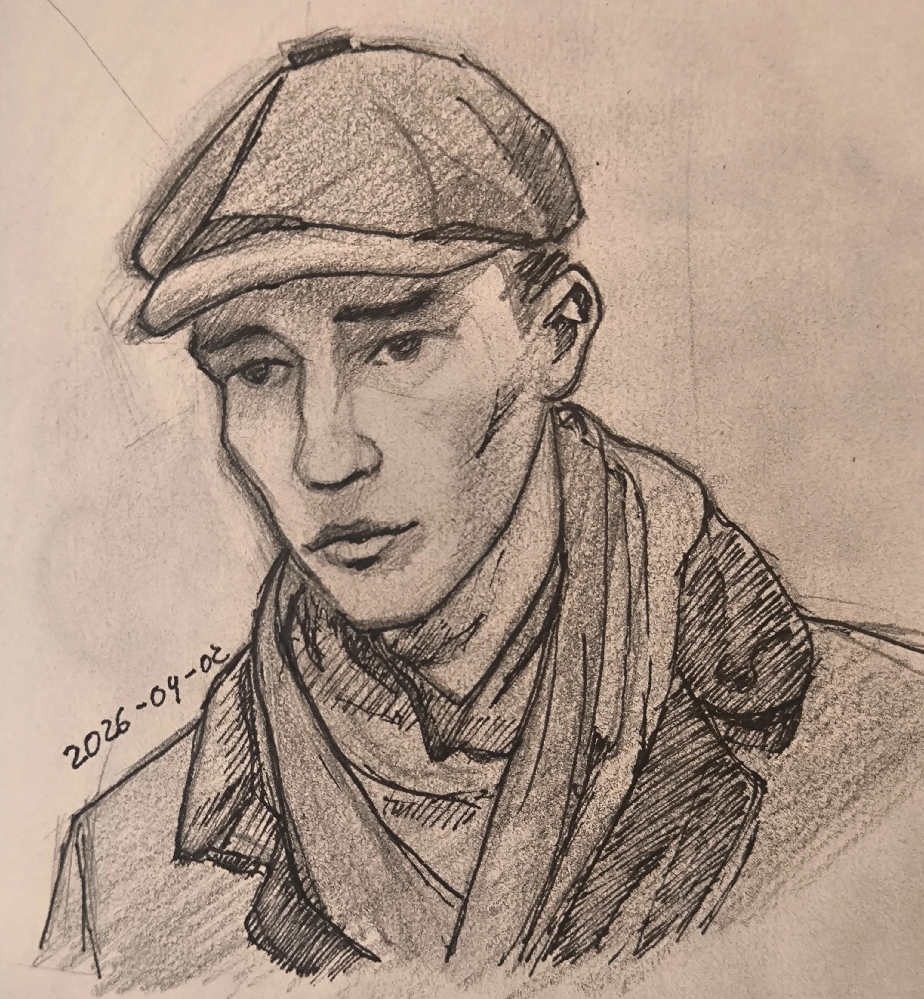 Portrait sketch of a man wearing a flat cap and scarf, looking slightly down with calm serious expression.