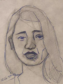 Loose portrait sketch of a woman with long hair, drawn with blue pen over soft graphite shading. Face is simplified with bold lines and slightly uneven features.